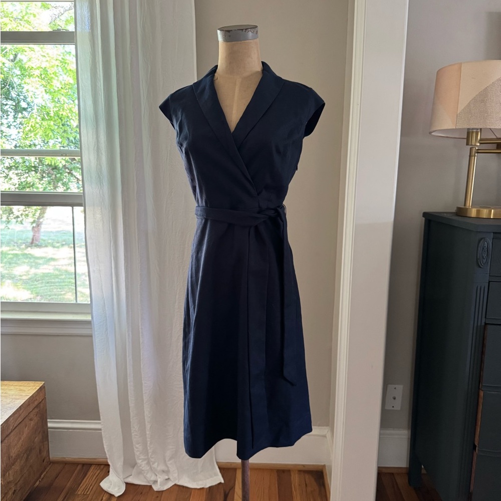J. Crew Blue Wrap Midi Dress with V-Neck and Cap Sleeves